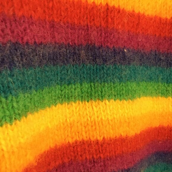 Rainbow Wool Sweater Rare Hand Knit Nepal Unisex Sz L Roll Neck Chunky - Picture 8 of 8